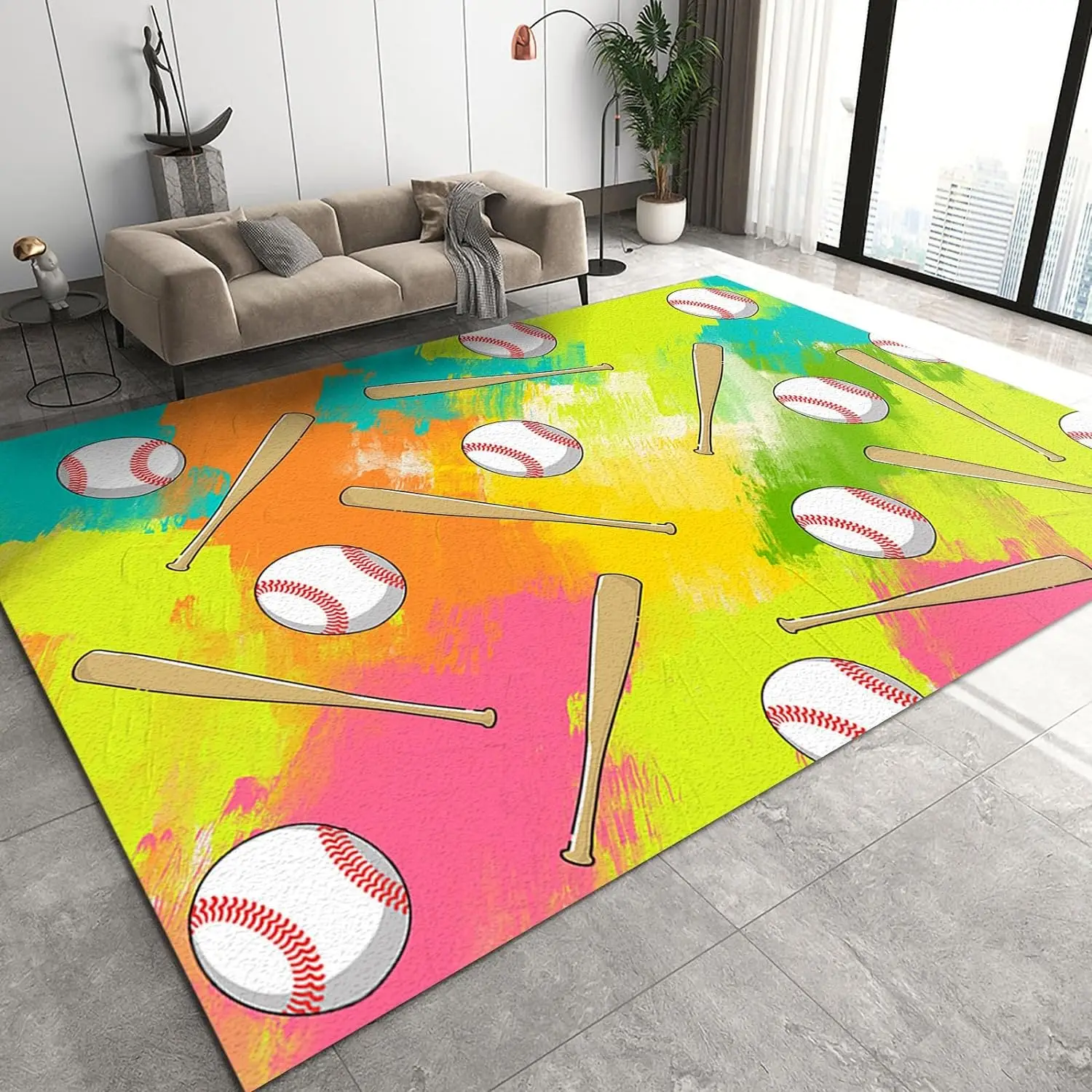 Baseball Carpet Baseball Field Area Rug, Ball Sports Game Style Rug, Indoor Non-Slip Kids Rugs for Front Entrance Floor Decor