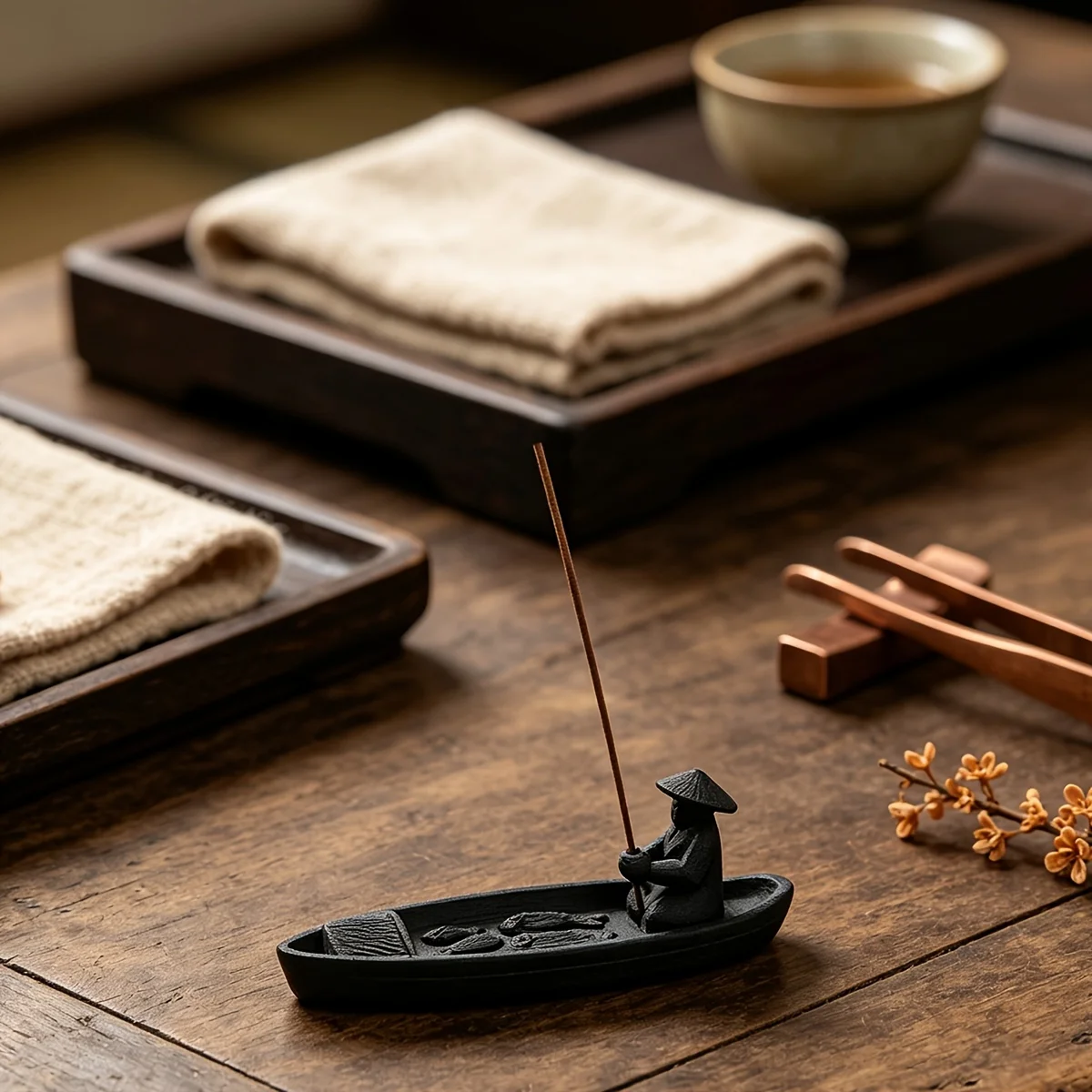 Zen Fisherman Boat Incense Stick Holder Retro Old Man Fishing Censer Mini Table Aroma Ornament for Tea Yoga Room Home Decor Gift