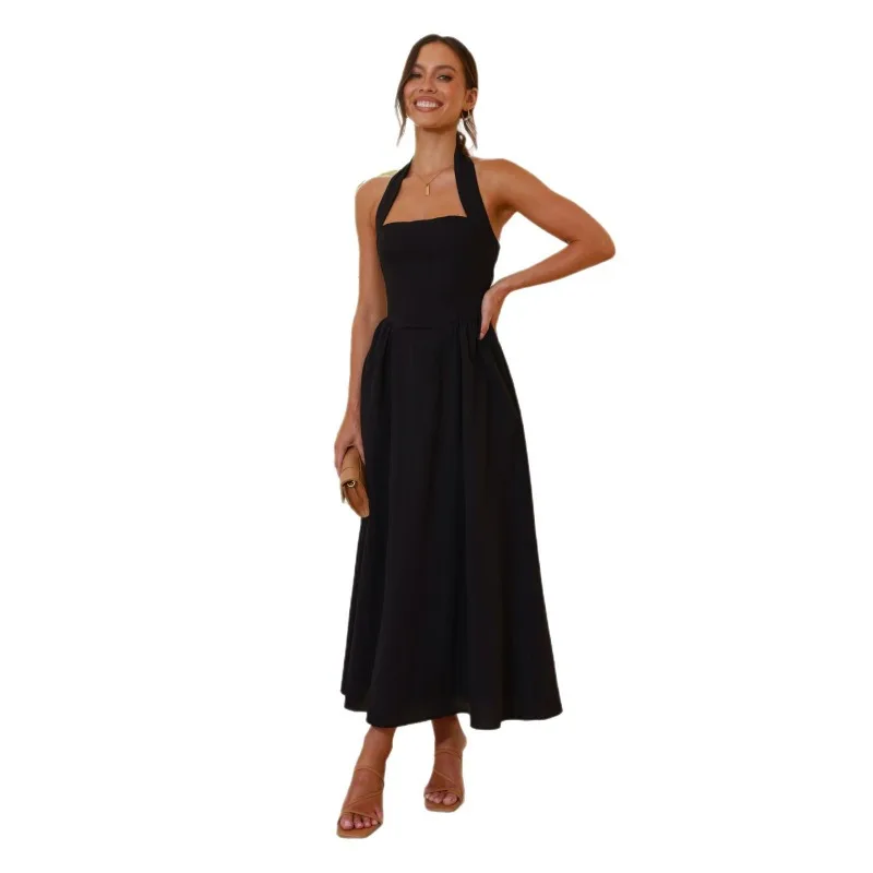 European and American Women's Clothing 2025 New Temperament Solid Color Square Collar Waist Halter Neck Backless Dress