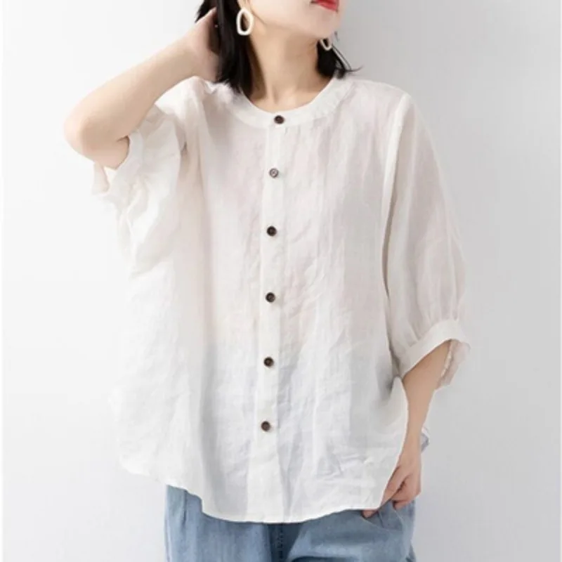 

Summer New Cotton and Linen Shirts Women's Lantern Sleeves Retro Literary Tops Large Size Loose Medium-sleeved Shirts Women