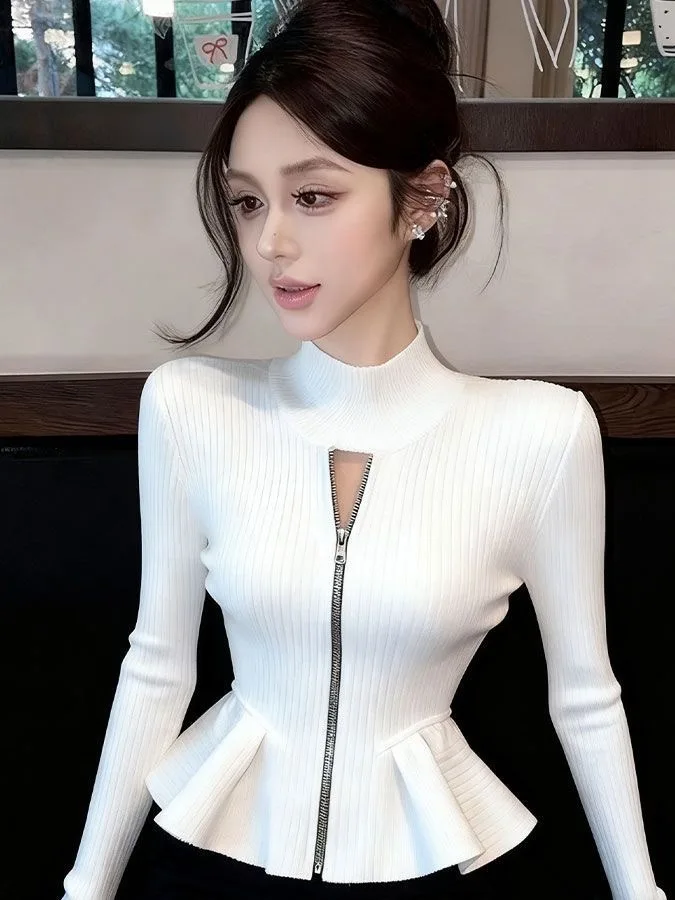 

Белый вязаный свитер на молнии для женщин, облегающий, с высоким воротником, осенне-зимний, уникальный, стильный, для повседневной носки, модный, из полиэстера