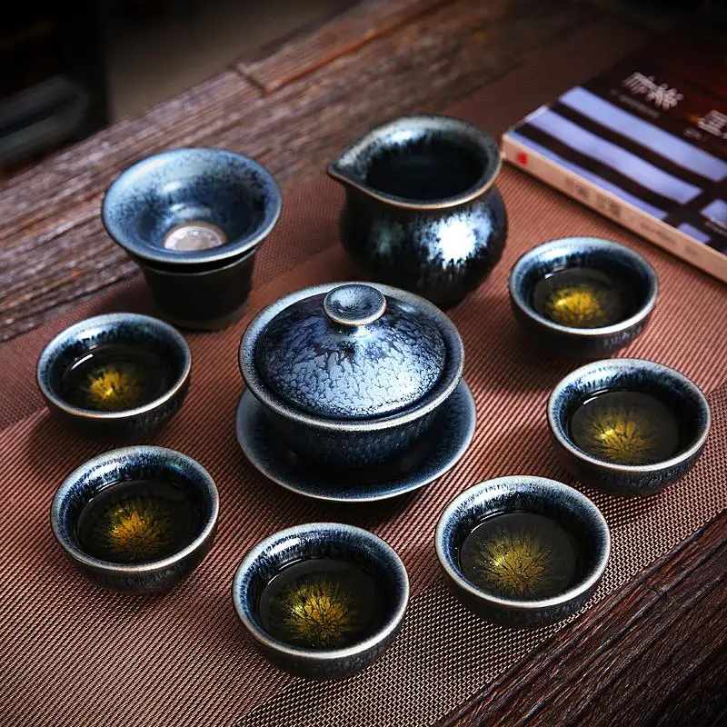 Jian zhan 9pcs/set Flower Bloom Tenmoku Tea Set Clay Glaze Fire in Kiln under 1300 Celcius Porcelain Tea Bowl Ceramic Teacup