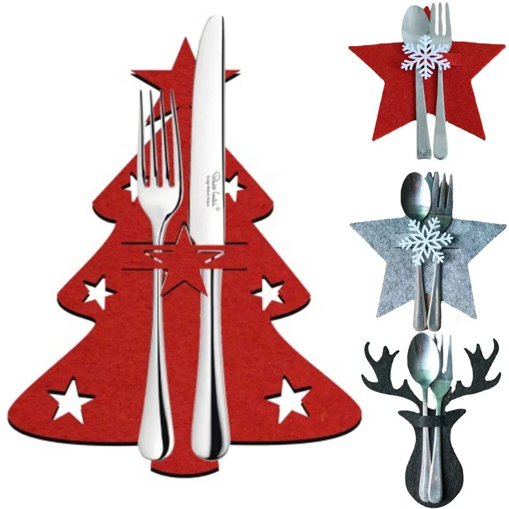 Faca de Natal e Fork Holder, Elk Xmas Tree Pocket Cutlery Bag, Tecido não tecido, Organizador de panelas, Decoração da mesa, 4 estilos, 2 peças