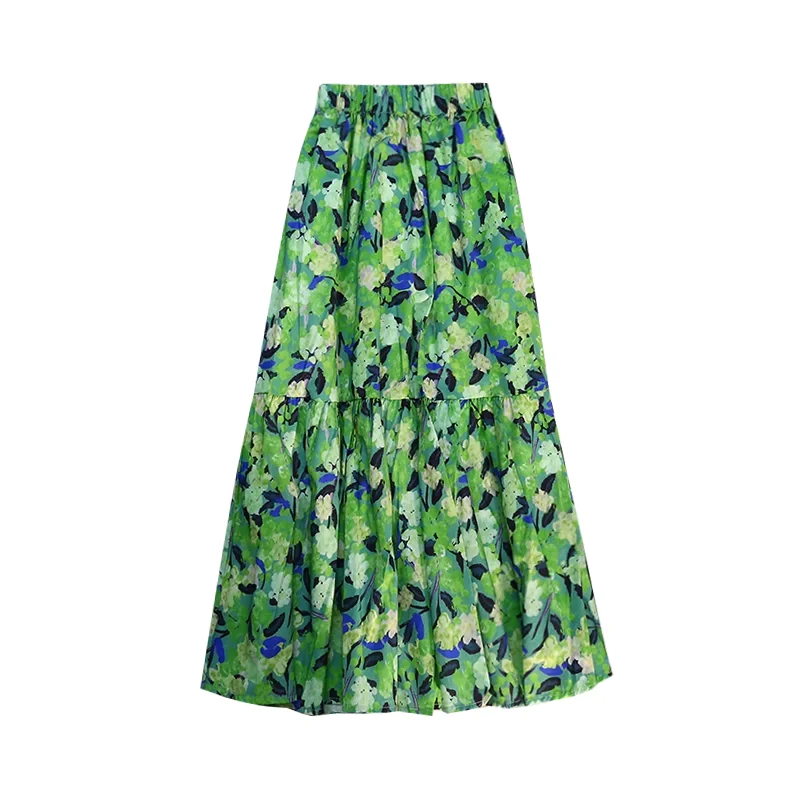 

French sweet oil painting floral high waist A-line skirt retro ink flower print swing mid-length elastic waist umbrella skirt