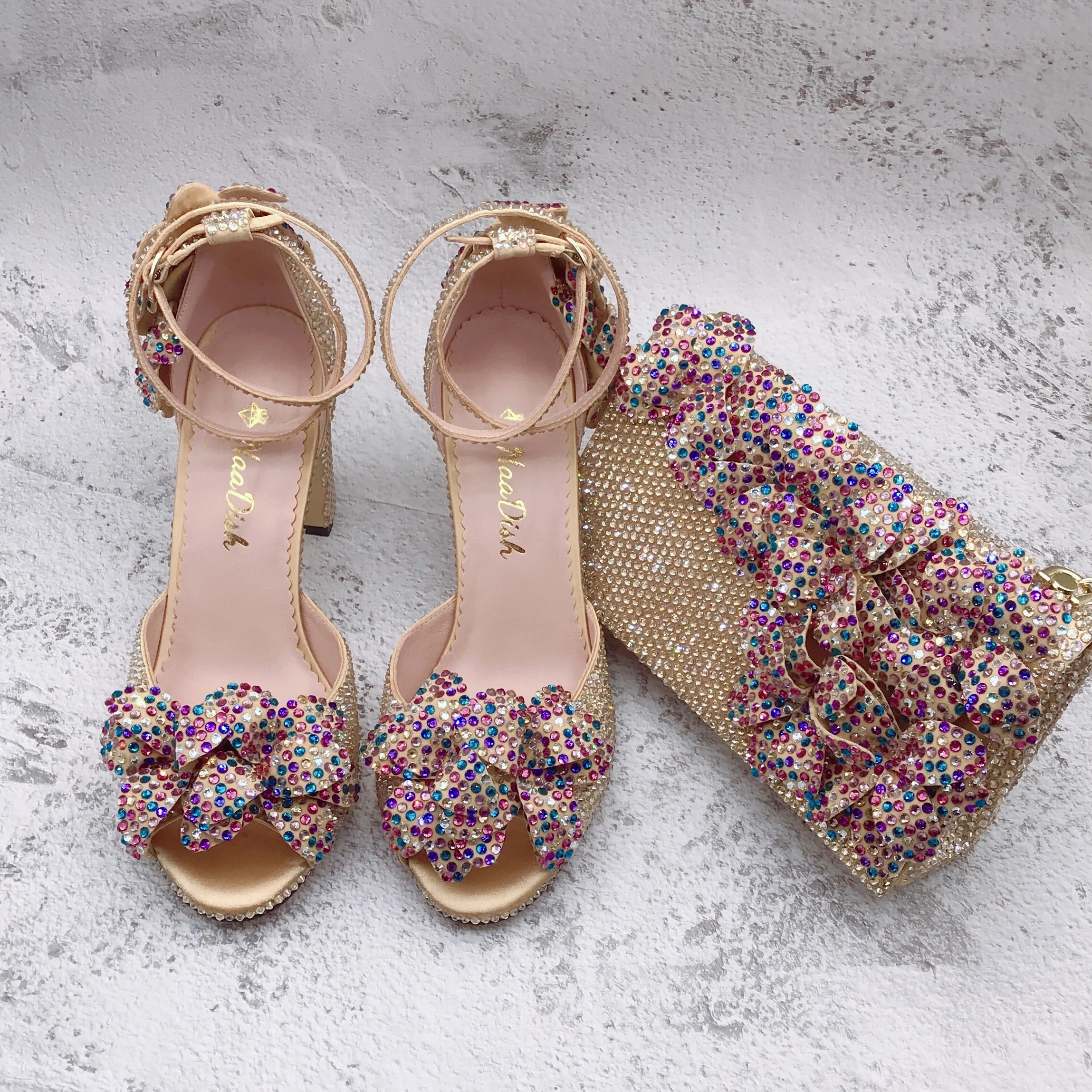 BS1649 Luxury New Design Custom Made Women Shoes Floral  Bridal Wedding Shoes Champagne Gold Multicolor Flower Shoes And Bag Set