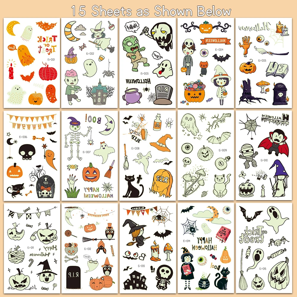 Luminous Halloween Tattoo Stickers Cartoon Glowing Temporary Tattoos For Kids Body Art Face Arm Fake Tattoos Gifts Decorations