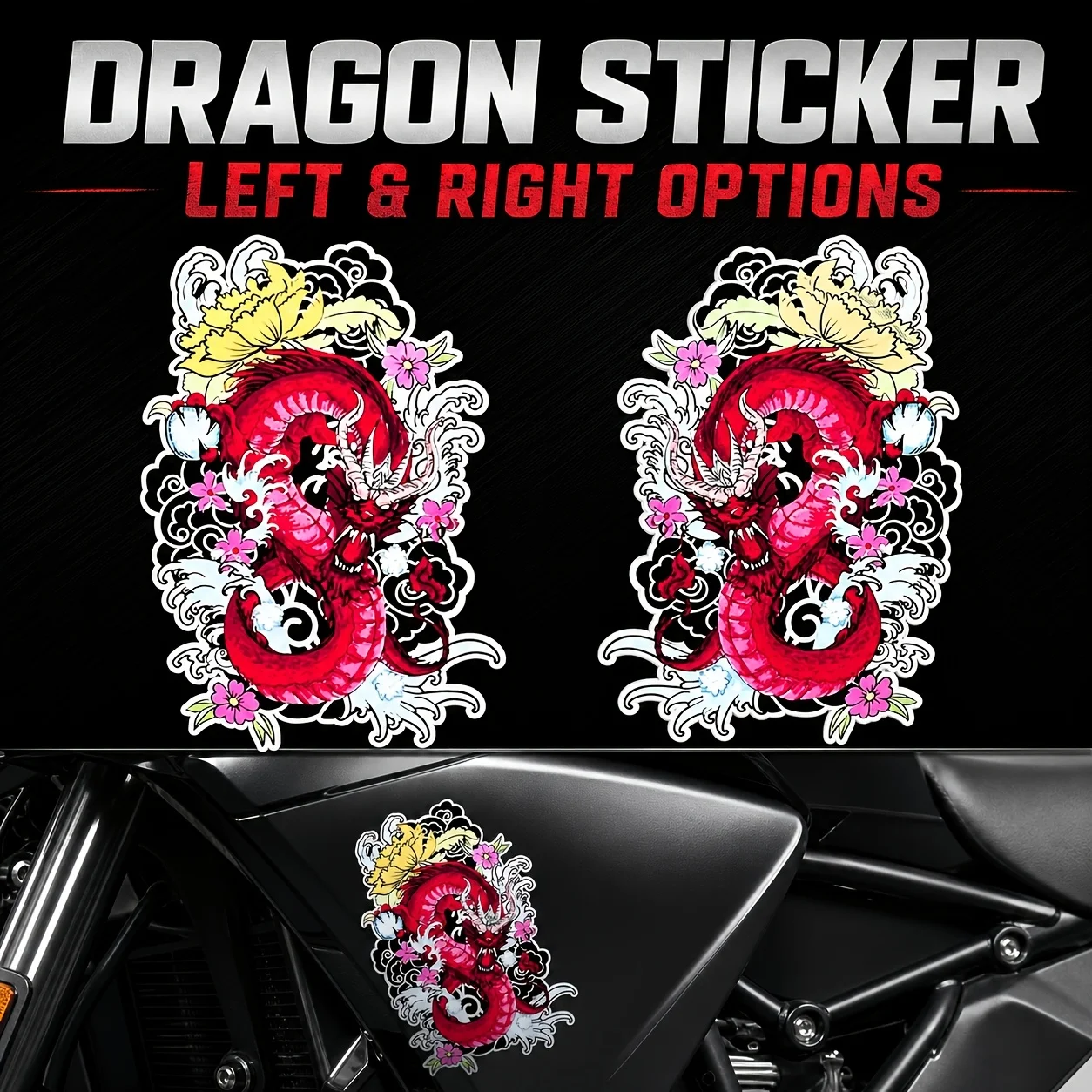 Red Dragon Flower Car Sticker Waterproof Vinyl Decal Left Right Side Traditional Dragon Graphic Motorcycle Tank Truck Scooter