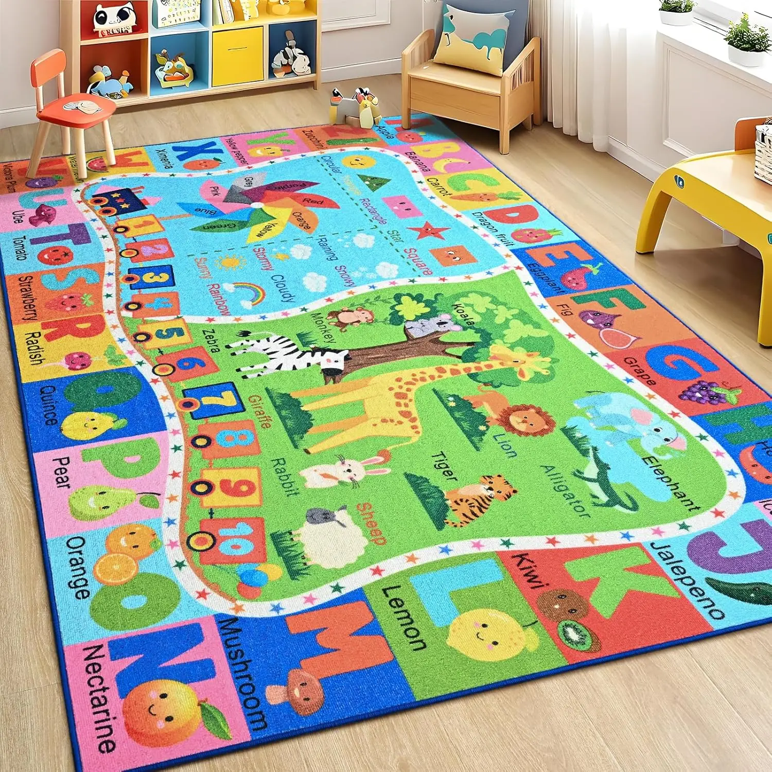 Fun Cartoon Letter Kids Play Mat Carpet Animals Fruits Vegetables Shapes Weather Numbers for Kids Crawling Playtime Learning