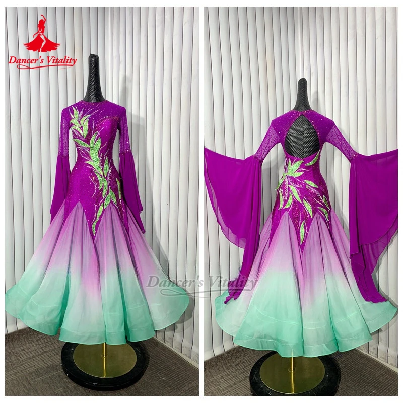 

Взрослое платье для венского вальса из градиентного шифона с круглым вырезом и расклешенными рукавами, на заказ, для бальных танцев, для выступлений, для танцовщиц