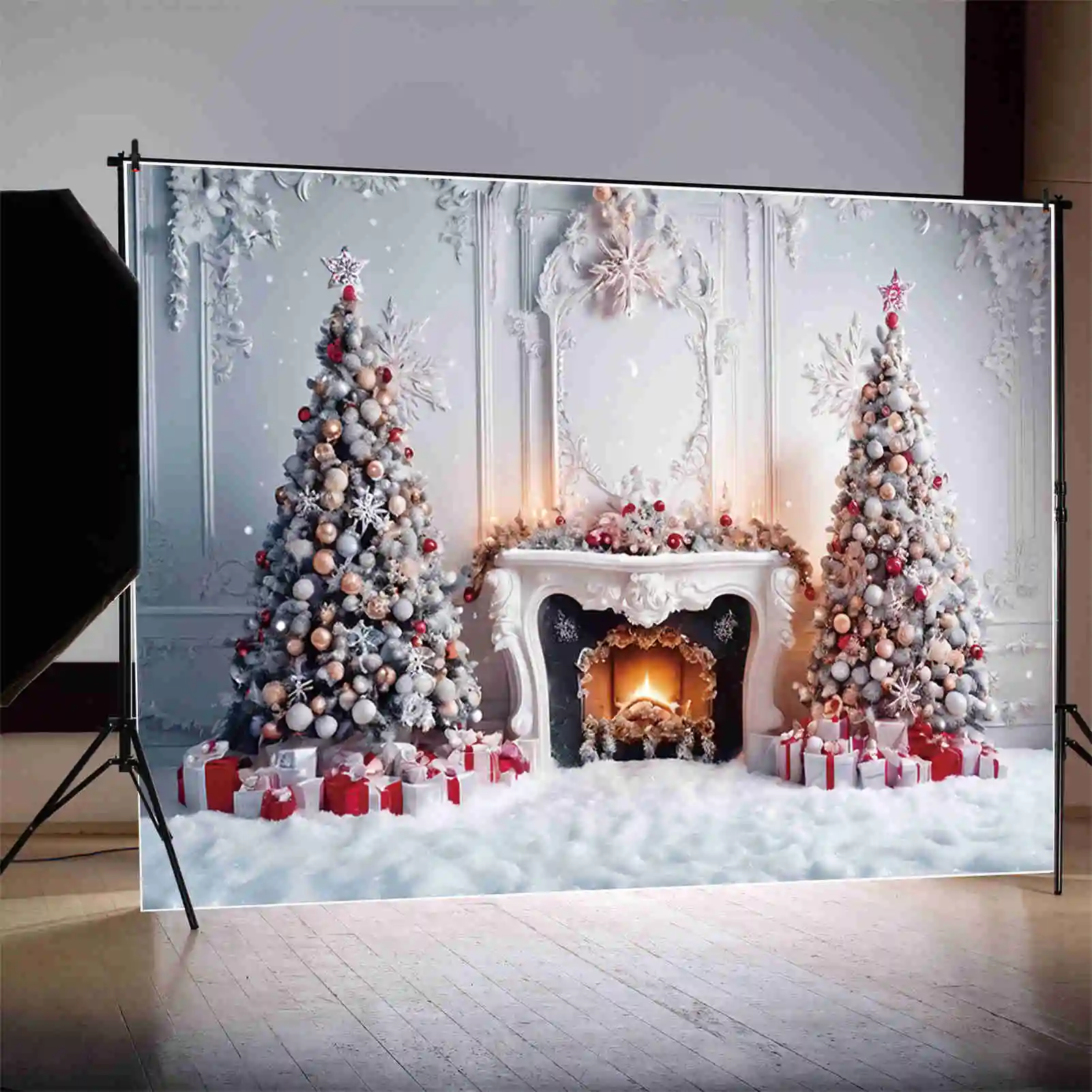 MOON.QG fondos interiores de Navidad, luz de chimenea, árboles, nieve, sala de estar, decoraciones de fiesta, accesorios de fotografía