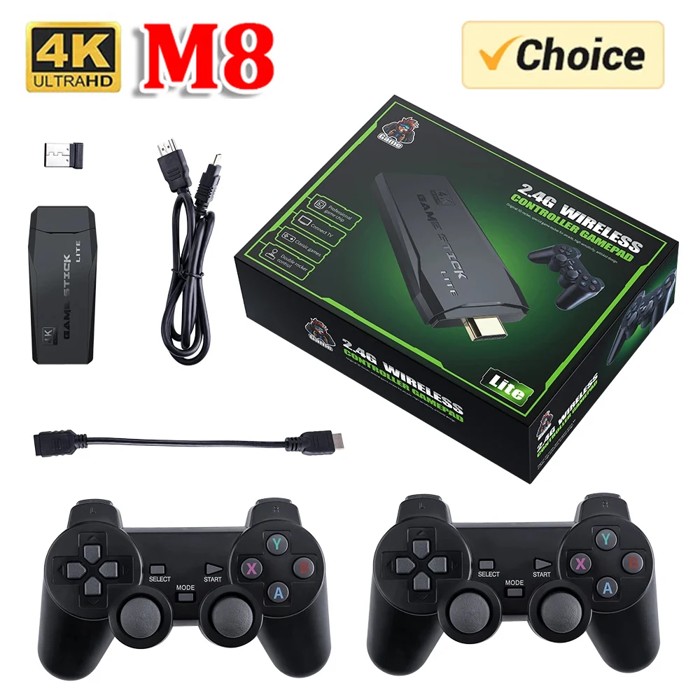 Videospiel Sticks M8 Konsole 2,4G Dual Wireless Controller Game Stick 4K 10000 Spiele 64GB Retro Spiel für DropShiopping Weihnachten Geschenk