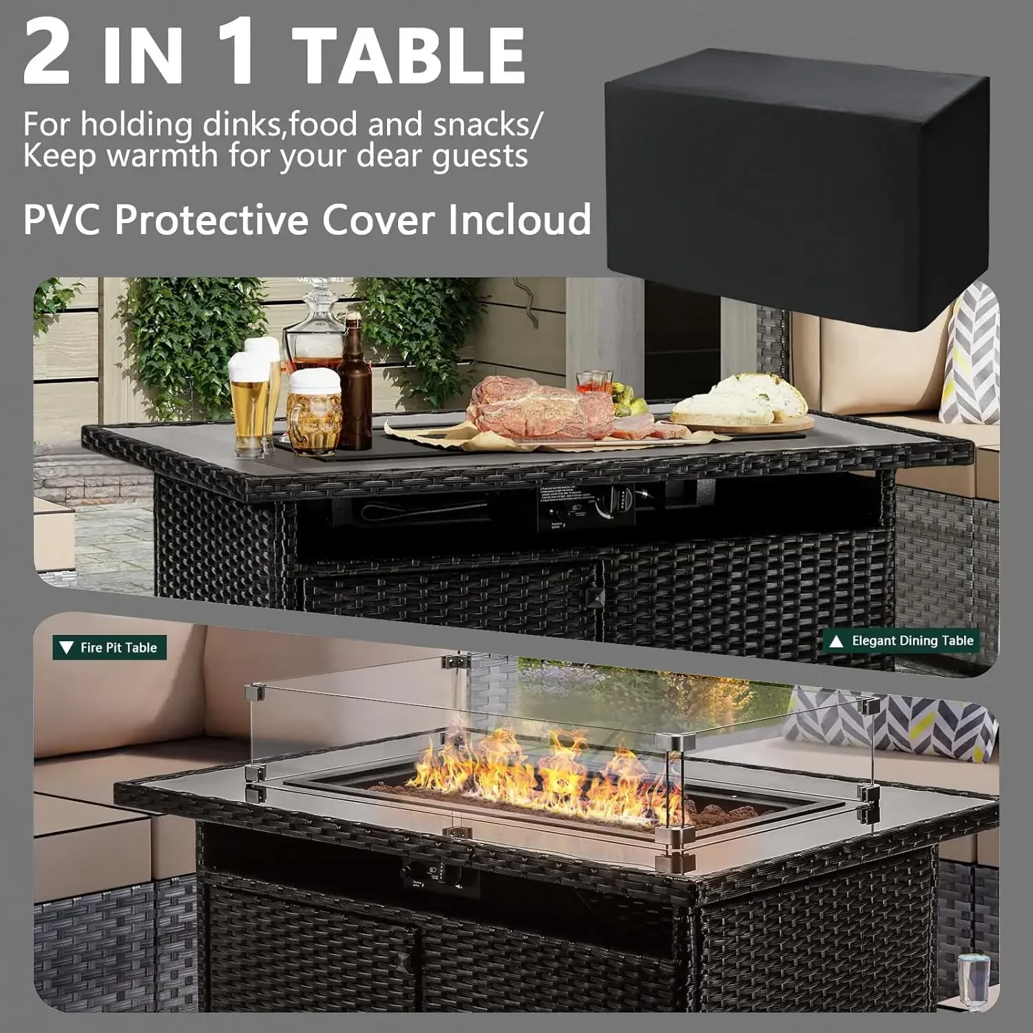 Mesa do poço do fogo do propano com vidro moderado, Tabletop, tampa do Firepit, 44in, 50.000 BTU, HS certificado