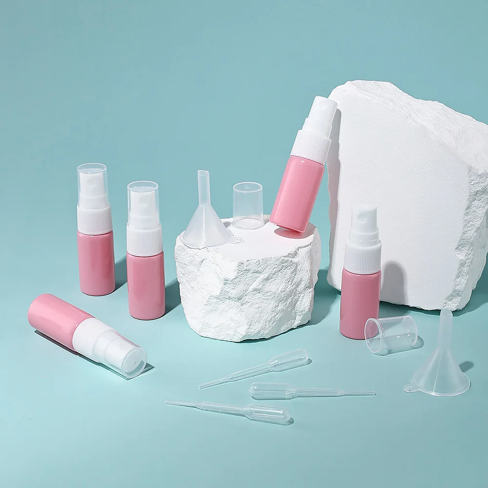 10pcs 10ml White Spray Head Pink Glass Empty Refillable Bottles with 10 Funnels 10 Droppers Cosmetic for Perfume Essential Oils