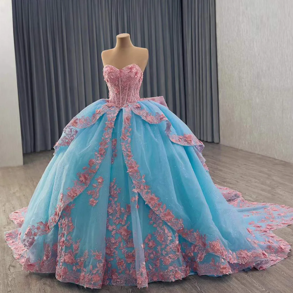 Vestidos De 15 Años De lujo 2025 Sweetheart Bow apliques con cordones en la espalda azul rosa vestido largo De fiesta De noche con mangas desmontables