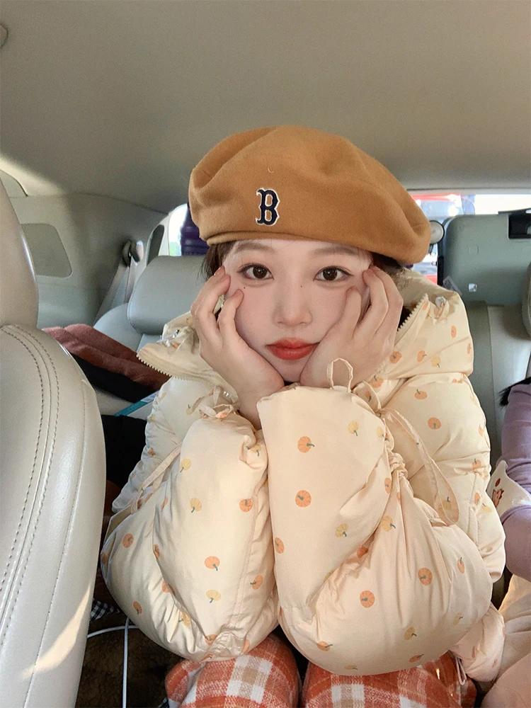 

Корейский пуховик-пальто с цветочным принтом и тыквенными элементами, женский, короткий, с наполнителем из 90% белого утиного пуха, модная верхняя одежда