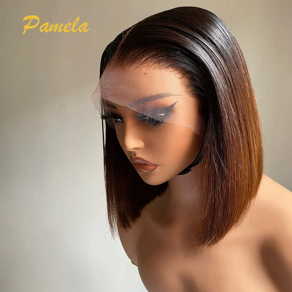 

250% Density Short Bob Bone Straight Ombre 1b/4 Colored Wig For Women 13x6 HD Transparent Lace Front Human Hair Wig Preplucked