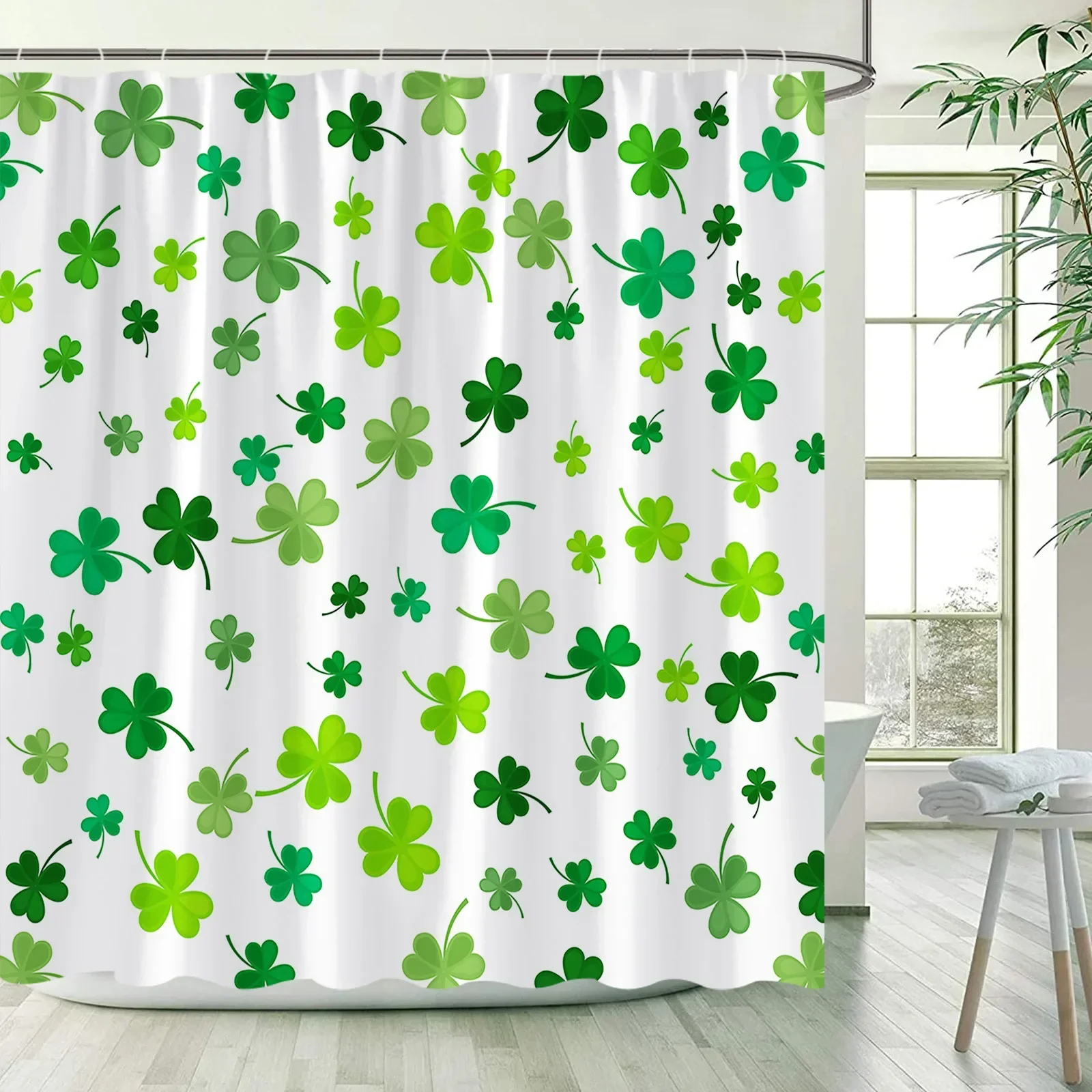 Green Leaves Shower Curtains Lucky Leaf Modern Minimalism St. Patrick's Day Bath Curtain Fabric Home Bathroom Decor with Hooks