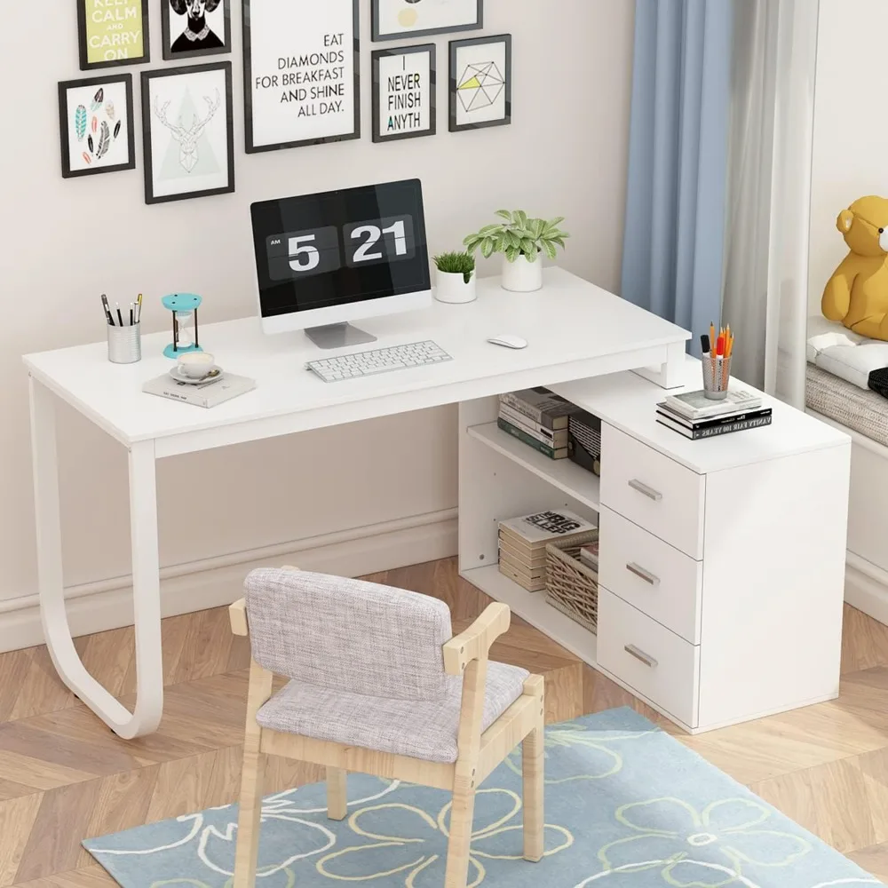 Home Office Computer Desk Corner Desk with 3 Drawers and 2 Shelves, 55 Inch Large L-Shaped Study Writing Table with Stora