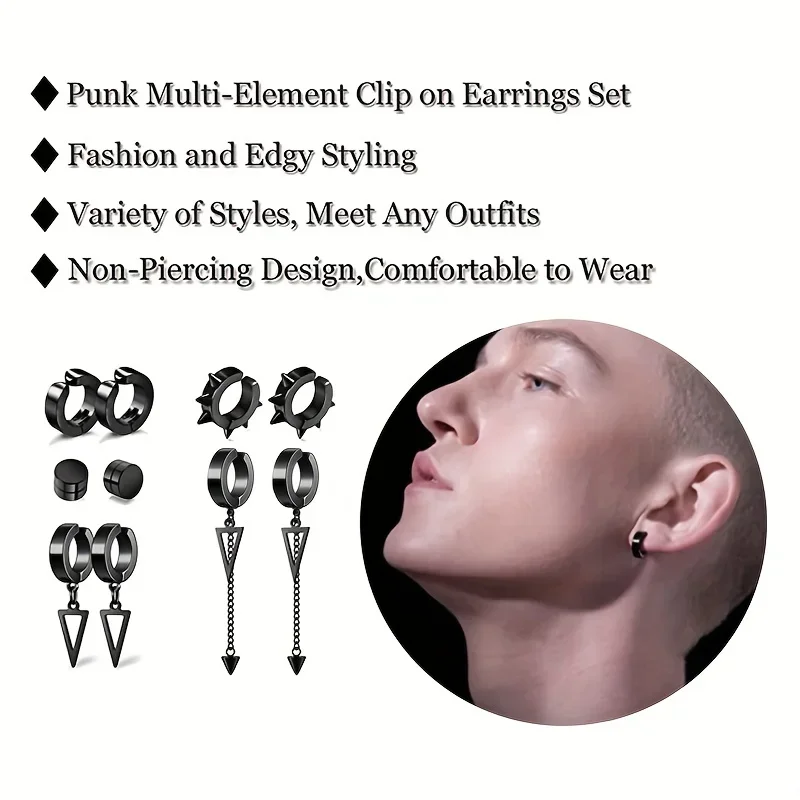 1 Pairs Black Stainless Steel Clip-On Earrings for Non-Pierced Ears  for Men Non-Perforated Fake Gauge Earrings Jewelry Gift