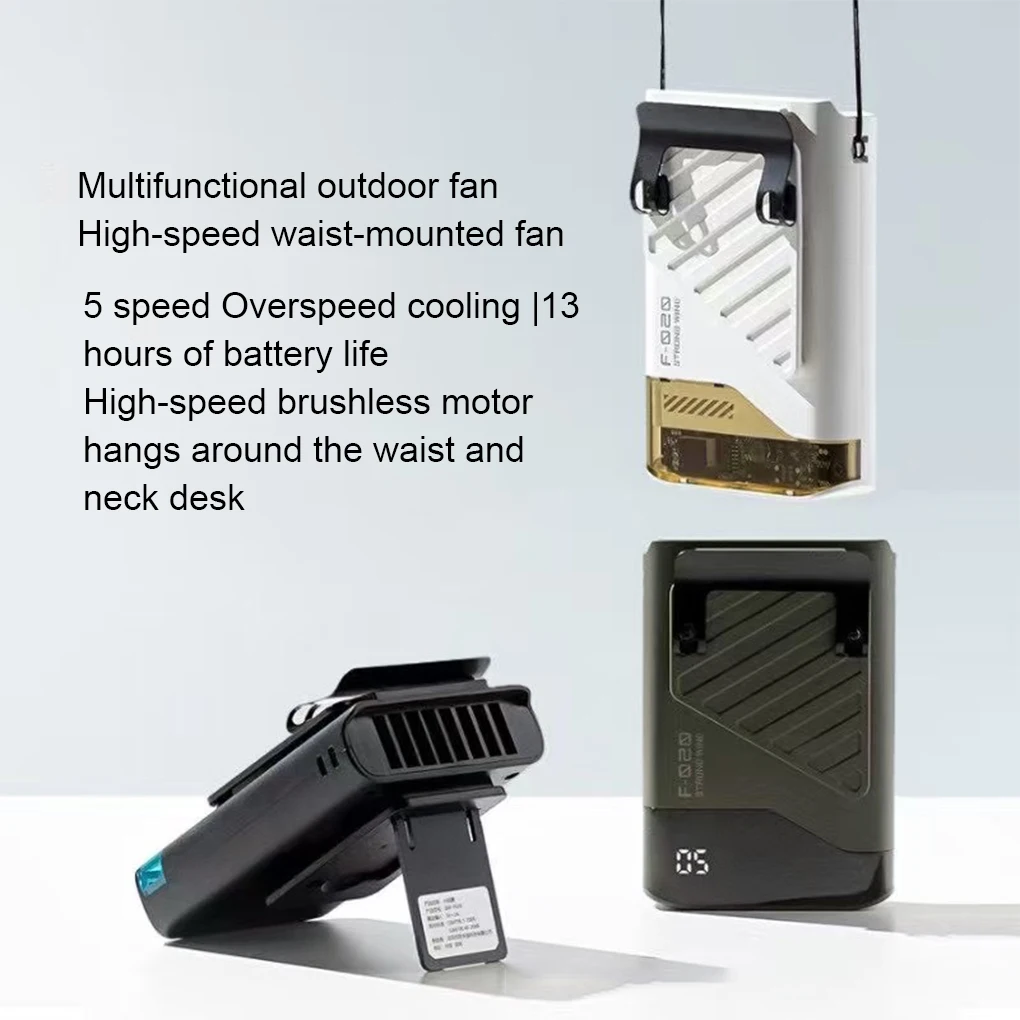 Multi-functional Outdoor Hanging Neck Fan Portable Rechargeable Waist Fan with LED Display 5 Speed Cooling Clip Fan for Travel
