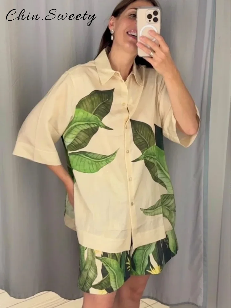 

Chic Printed Shirts Shorts Sets Women Loose Lapel Half Sleeve Single Breasted Short Pants 2025 Summer Lady Beach Vacation Suits