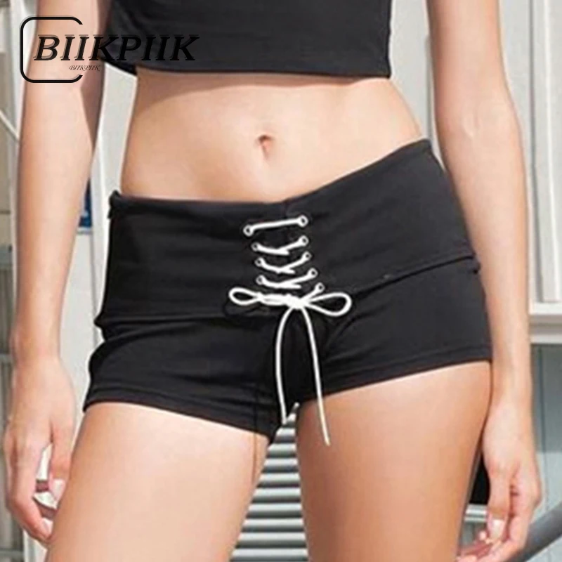 BIIKPIIK Women Lace-up Contrast Color Casual Shorts Basic Low Waist Bottom Concise All-matched Black Mini Shorts Summer Clothing