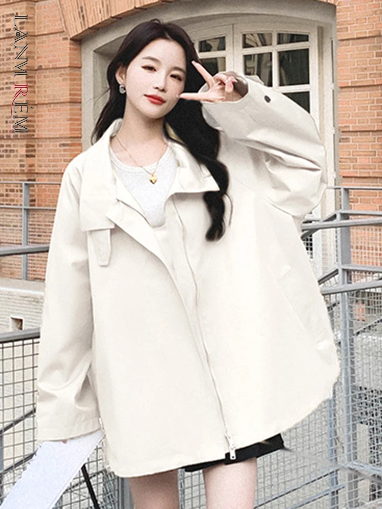 LANMREM Korean Style Short Trench Coat Women Stand Collar Solid Color Loose Windbreaker Fashion 2024 Spring New Clothing 2AA5025