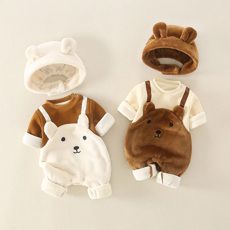 Newborn Baby Clothes Autumn and Winter Suit Boys' Plush One-piece Clothes Cute Warm Romper for Going Out In Winter