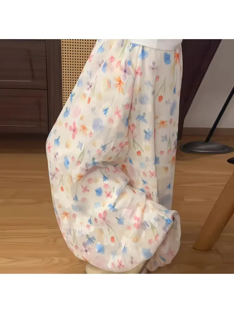 

plus Size Women's Summer Thin Wide Leg Pants Floral Print Casual Loose Fit Trousers High Waist Polyester Fiber Moisture Wicking