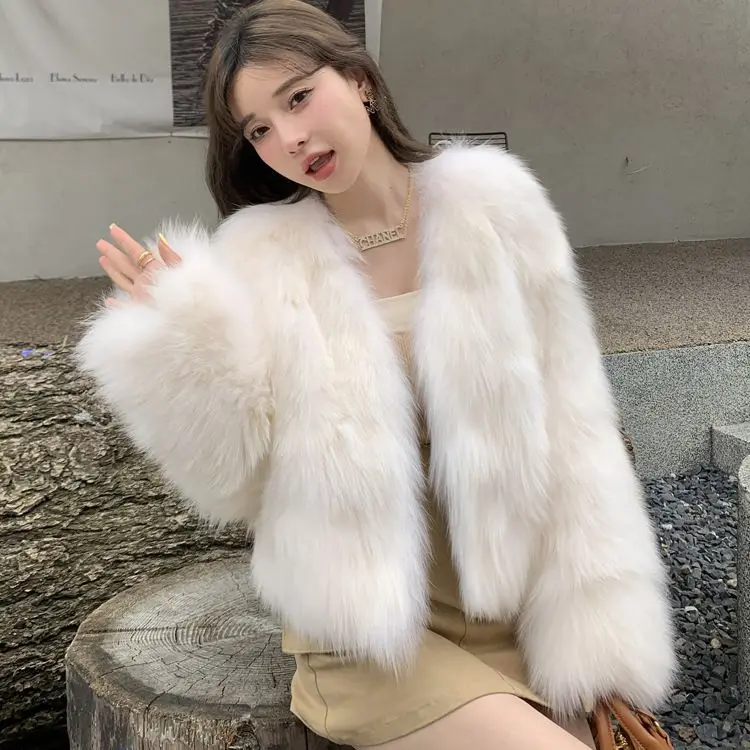 Frauen Faux Fuchs Pelz Mäntel Weiß Pelz Jacken Rundhals Langen Ärmeln Offenen Stich Dicke Warme Pelz Lose Beiläufige 2025, Herbst Winter