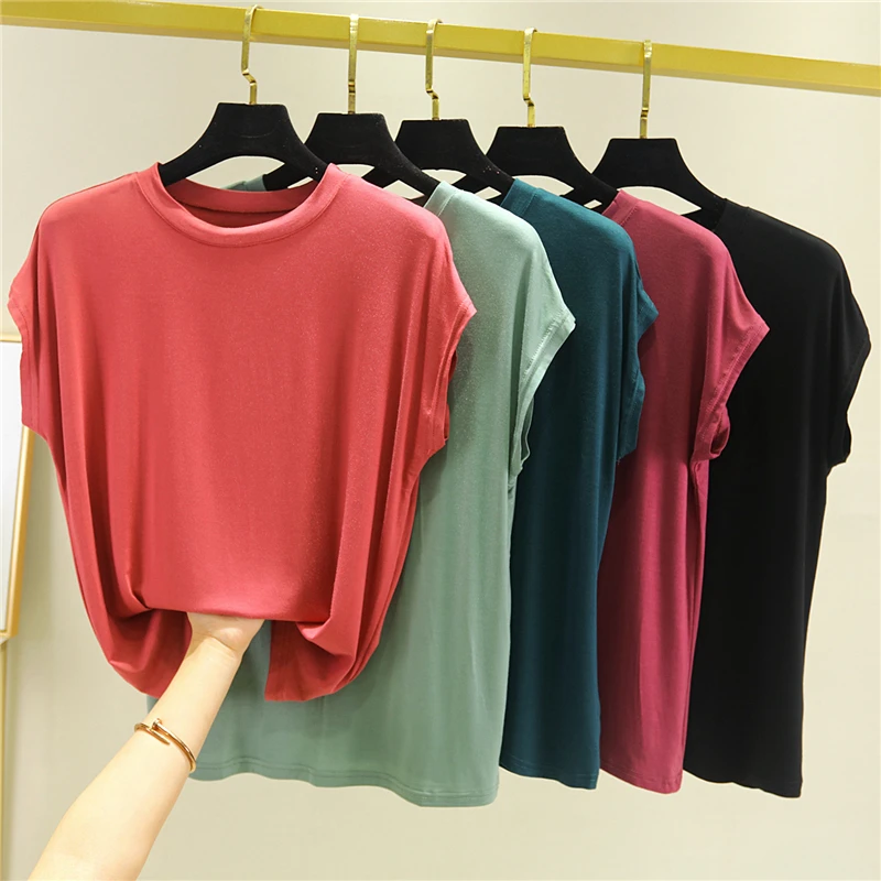 Loose Fit Modal round Ne Svel Top Women's Summer Thin Large Size Base irt Pure Color Inner Wear Outer Wear Top
