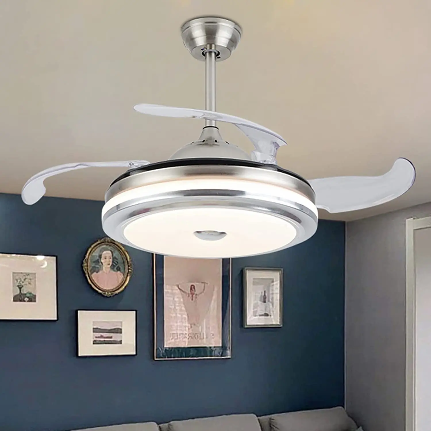 Modern Ceiling Fan with Light with Remote Control Dimmable LED Chandelier Ceiling Fan Invisible for Living Room Chrome Silver