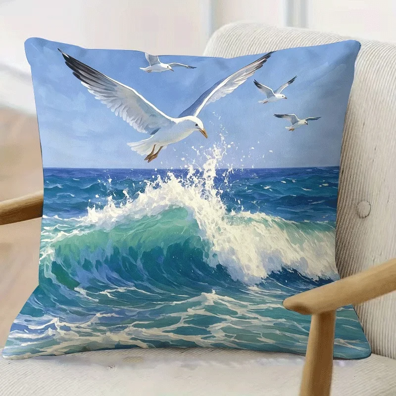 1pc 2D Flat Pillow Not Included Seagulls Ocean Waves Painting Cushion Cover Short Plush Coastal Home Decor Gift Case