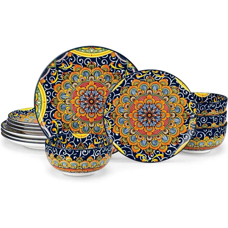 

12 Pieces Dinnerware Sets Dark Green Plates and Bowls Set Porcelain Dishes Set for 4 Microwave and Dishwasher Safe Scratch Resi