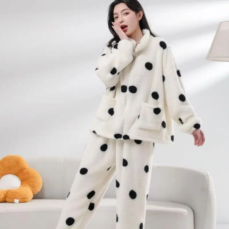 

Girls Pajamas Set Thickened Fleece Coral Velvet Warm Sleepwear Women's Outfit Winter Home Clothes Set Sweet Black Cat Loungewear