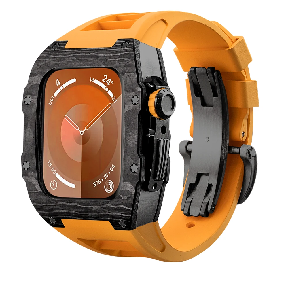Carbon Fiber Case For i Watch Modification Kit Mod Kit for apple watch series SE 9/8/7/6/5/4 44/45mm Accessaries orange strap
