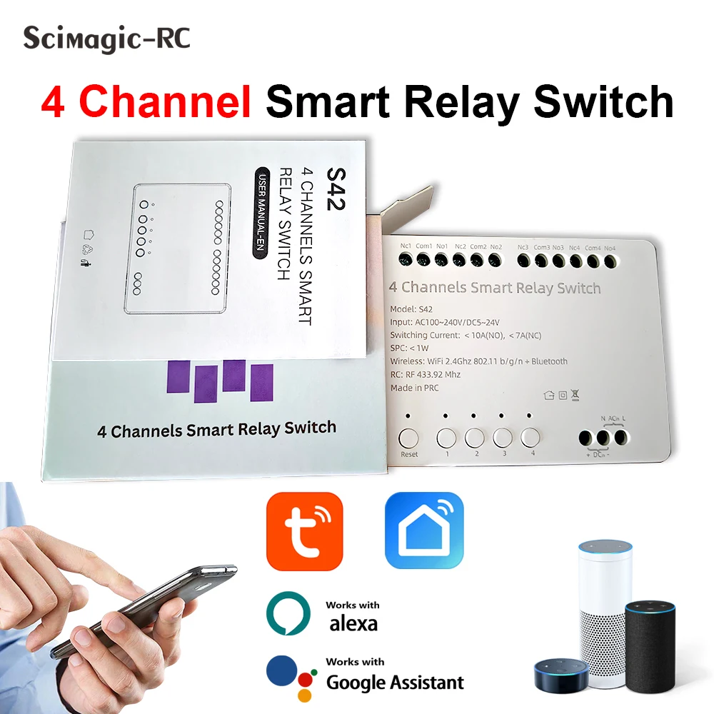 

Tuya Wifi 4-Way Switch Module 5-24V/100-240V Relay Wifi+ RF433 Remote Control with Voice ,Timing,One-touch full on/off Function