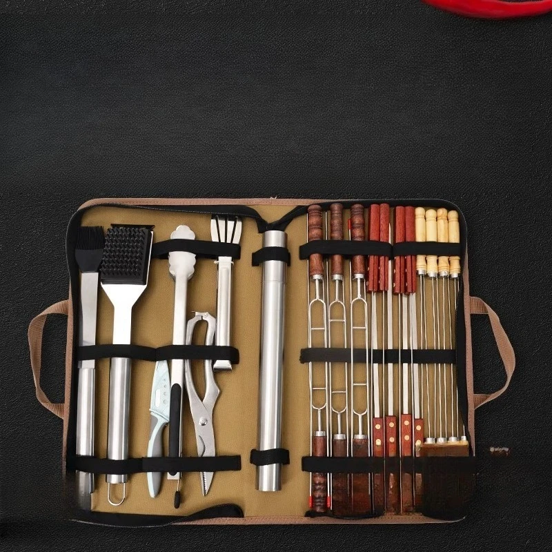 

Outdoor BBQ 304 Stainless Steel Wooden Handle Flat Stick Round Stick Barrel Grill Fork Cleaning Brush Picnic Tools