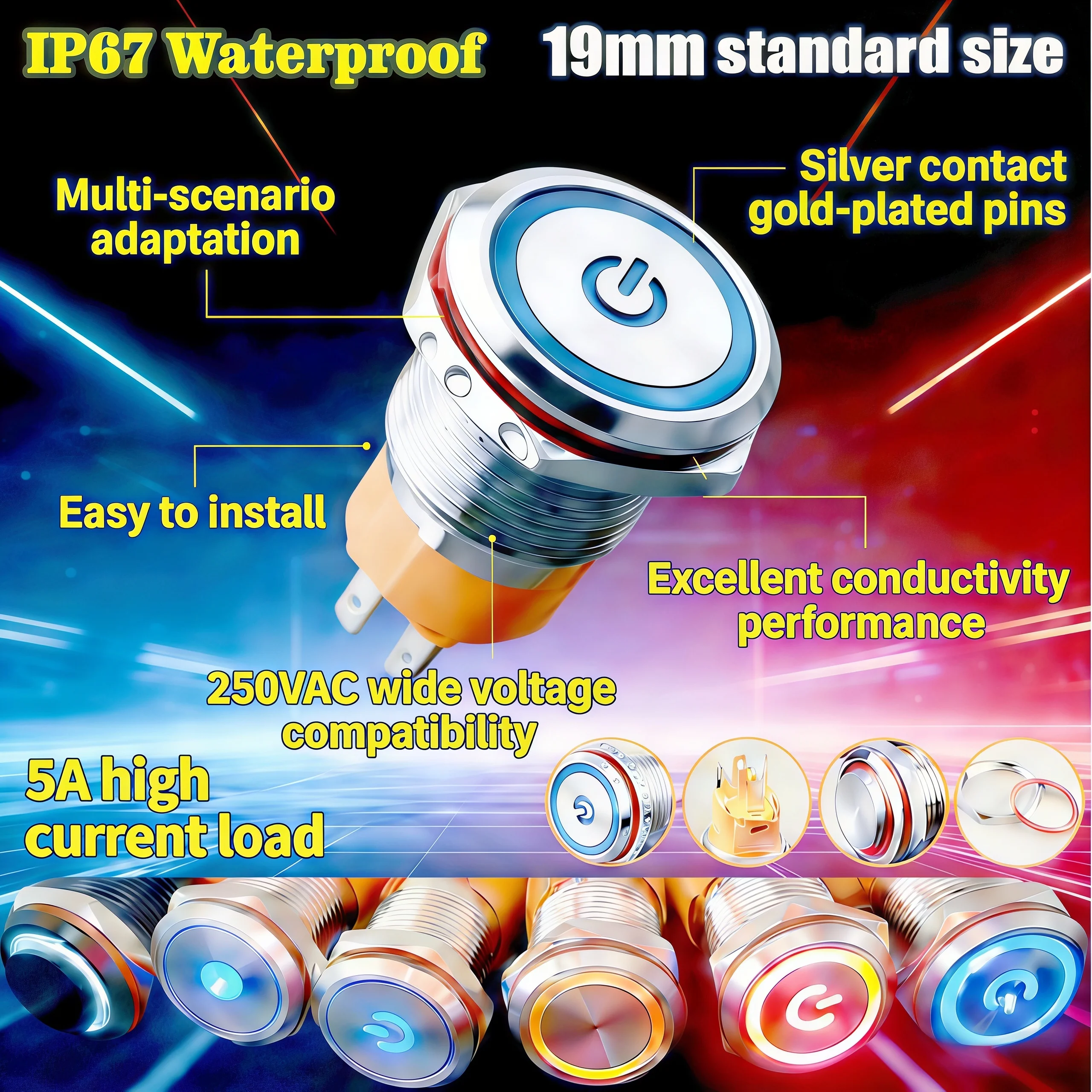 

Кнопка металлическая LANBOO 19 мм, с фиксацией или без, с подсветкой, 1НО1НЗ