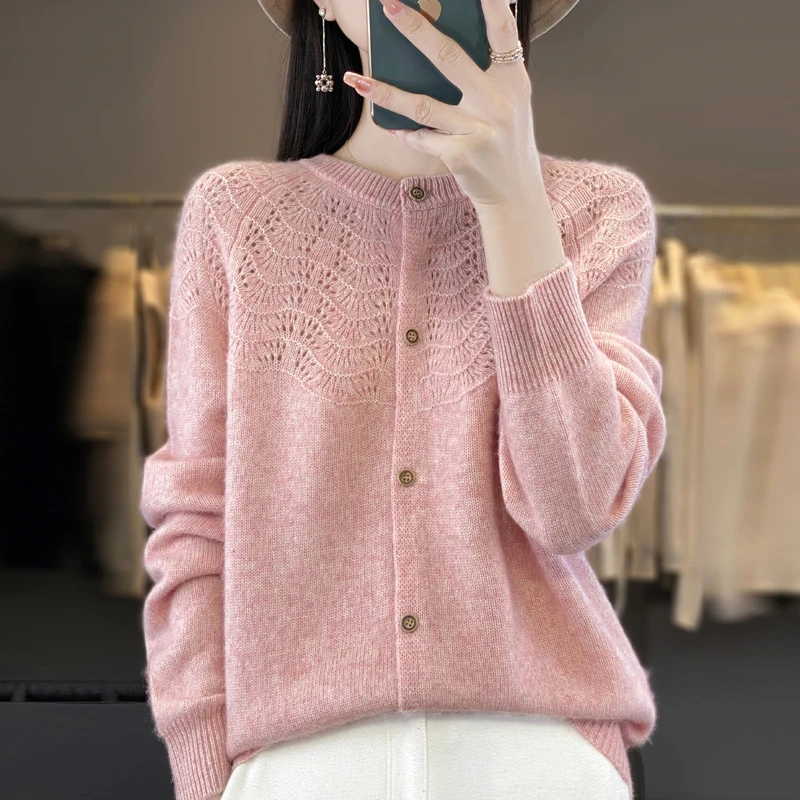 Autumn and Winter New 100% Pure Wool Cardigan Women's Round Neck Loose Jacquard Coat Fashion Warm Hollow Jacket Thick Base Shirt