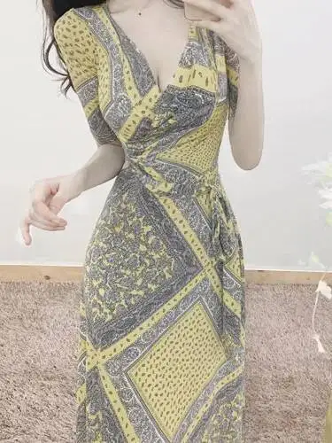 NOVEDAD DE VERANO 2021, versión coreana, vestido de manga corta con estampado Retro y cuello en V para mujer, vestido largo con cordones y cintura ceñida, vestido largo con abertura delgada A3VA