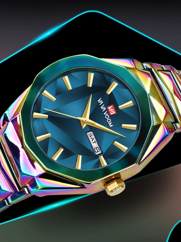 VAVAVOOM 2941 New Gradient Color Steel Strip Men Watch Dual Calendar Waterproof Quartz High-end Fashion Sense Color Change Watch