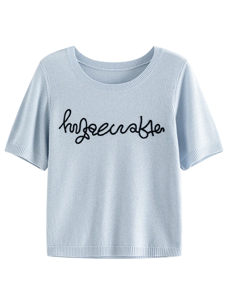 FSLE Women Summer Knitwear Blue Short Sleeve Female Round Neck Knitted T-Shirts Letter Embroidery Design Women Tees 24FS12889