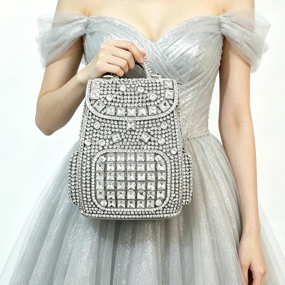 

Silver Stone Crystal Clutch Women Rhinestone Evening Bag Luxury Sparkly Large Square Gemstones Purse Wedding Party Prom Handbag