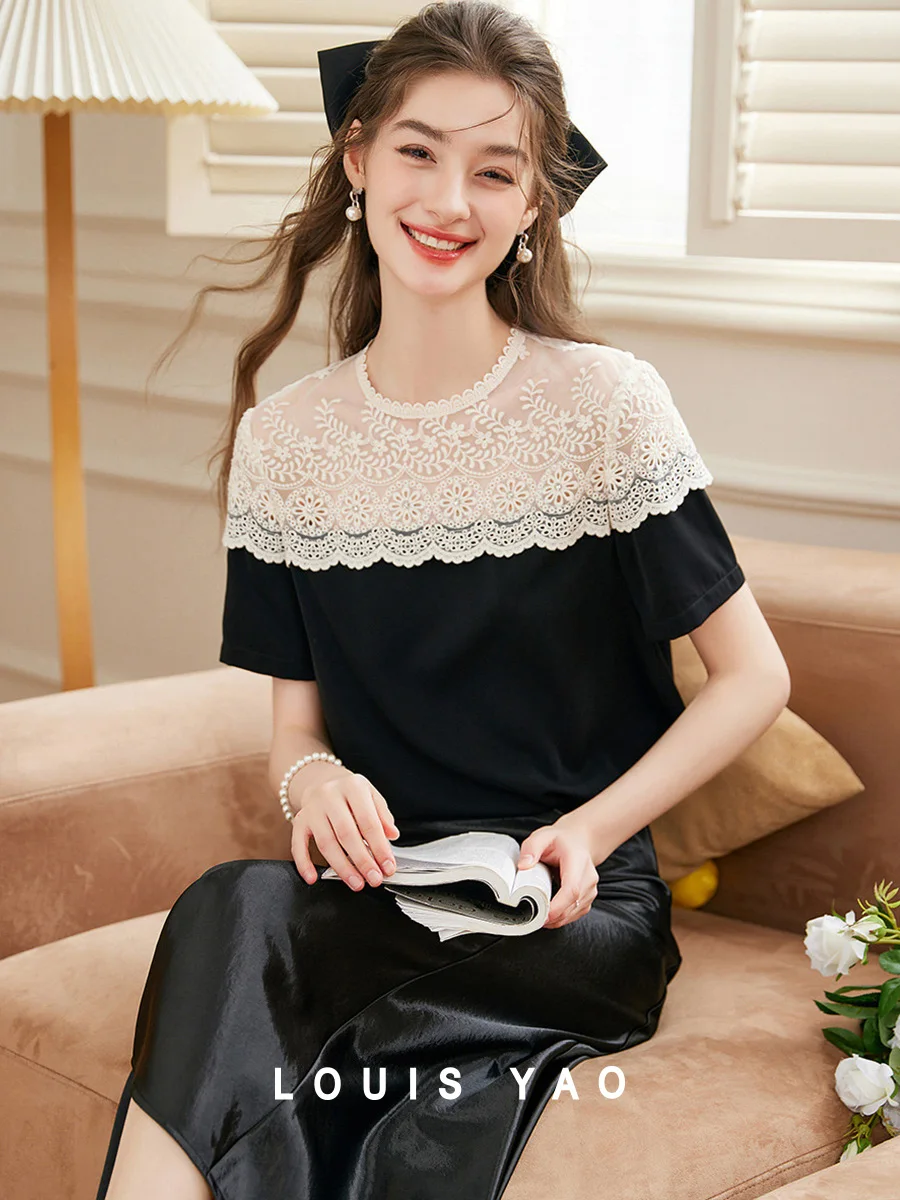 LOUIS YAO Women's Shirt 2025 Summer Shoulder Hollow Lace Design T-shirt Elegant Temperament Round Neck Short Sleeve Thin Shirt