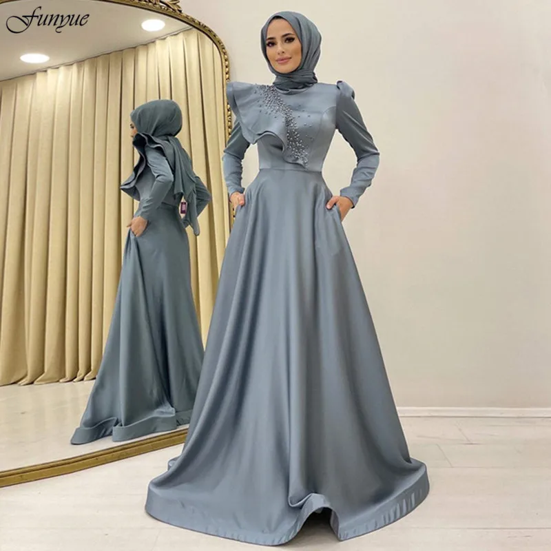 

Funyue Blue Long Sleeve Hijab Prom Dresses Satin Beaded A Line High Neck Arabic Dubai Formal Dress Evening Gowns for Women