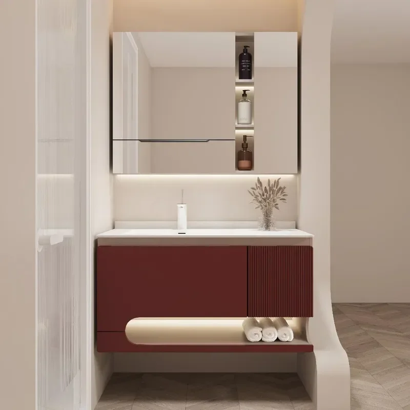 Painted Solid Wood Bathroom Cabinet with Drawer Rock Slab Basin Seamless Splicing Cosmetic Mirror Set Wall Mounted Vanity