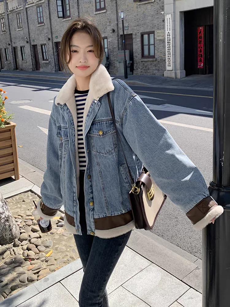 

Denim Coat For Women Long Fur Plush Womens Autumn Padded Baggy Casual Streetwears Commuting Zip-Up Furry Knitted Grid Checked OL