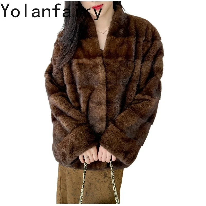 

YOLANFAIRY Luxury Natural Fur Coat Women Mink Jacket Winter High-end Whole Cross Mink Real Fur Coats Mid-length V-neck Jackets