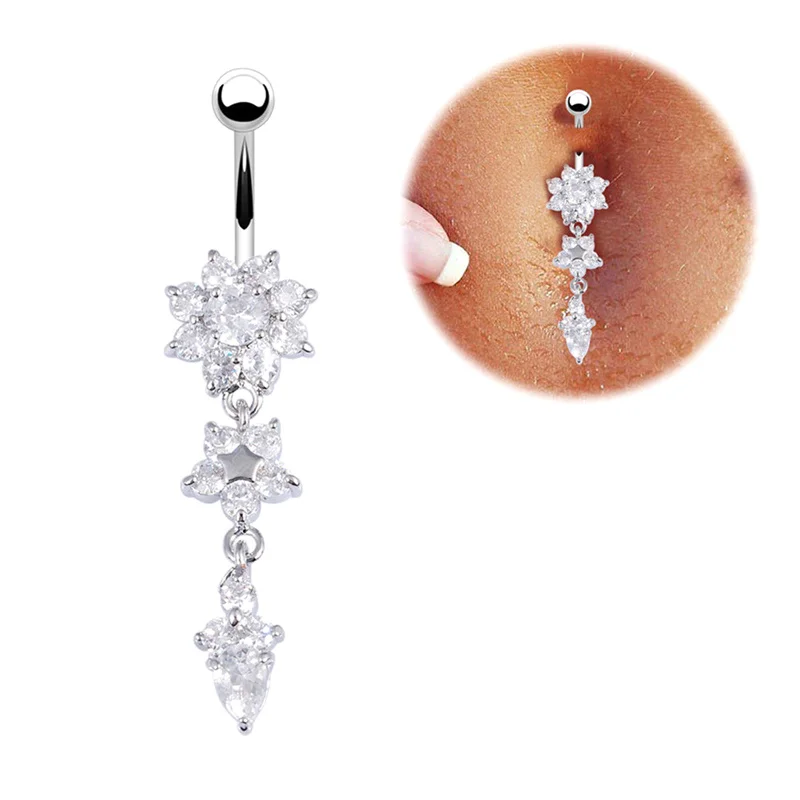 Trendy Sexy Crystal Metal Navel Nail Shiny Zircon Flower Dangle Belly Button Rings For Women Fashion Body Piercing Jewelry